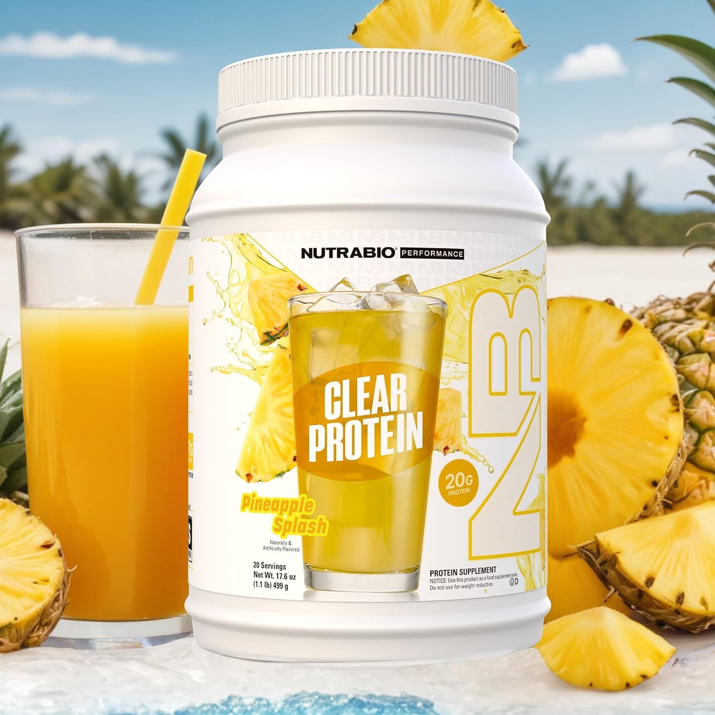 NutraBio Clear Whey Isolate Protein Powder - Pineapple Splash Flavor, Zero Sugar, 20 Servings