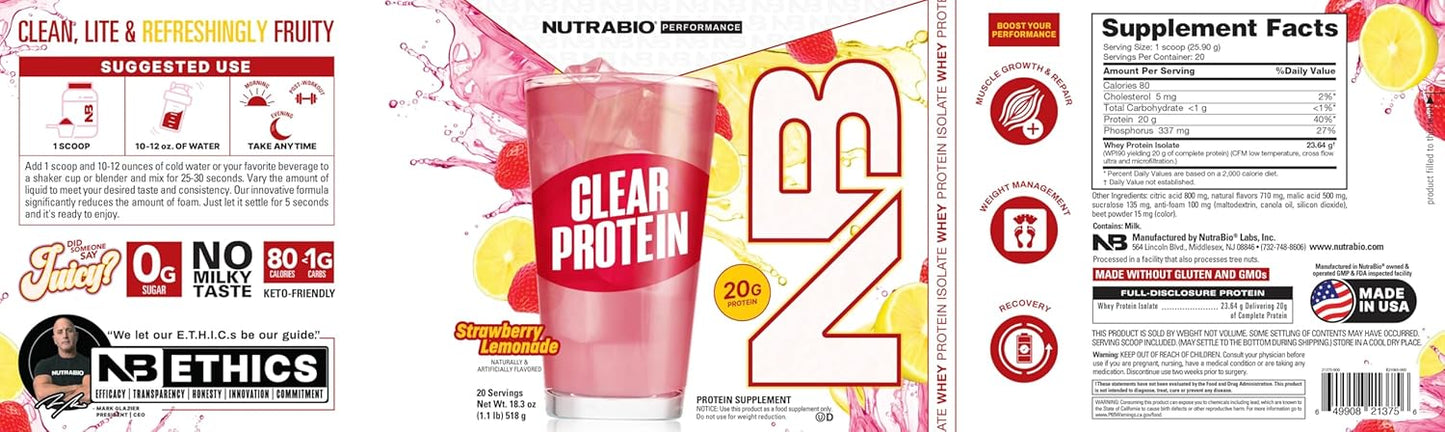 NutraBio Clear Whey Isolate Protein Powder - Strawberry Lemonade Flavor, Refreshing Protein Juice with Zero Sugar - 20 Servings