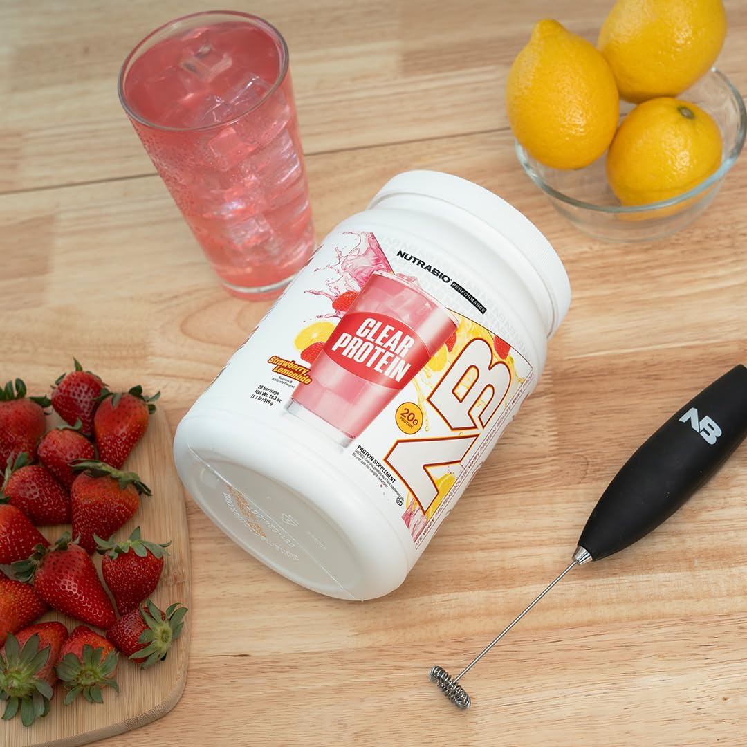 NutraBio Clear Whey Isolate Protein Powder - Strawberry Lemonade Flavor, Refreshing Protein Juice with Zero Sugar - 20 Servings