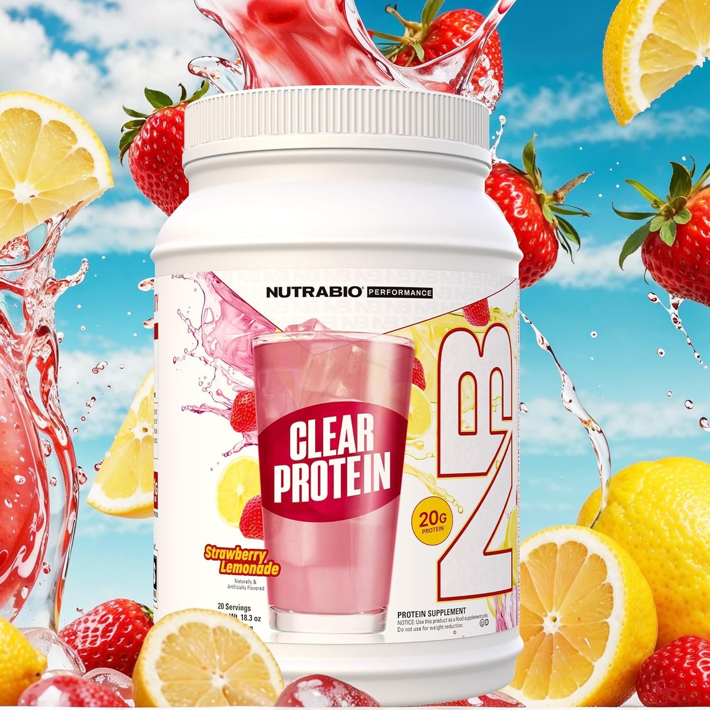NutraBio Clear Whey Isolate Protein Powder - Strawberry Lemonade Flavor, Refreshing Protein Juice with Zero Sugar - 20 Servings