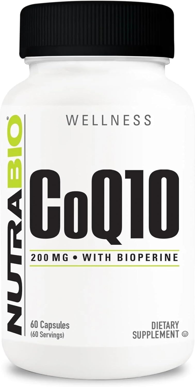 NutraBio CoQ10 Supplement with Bioperine for Heart Health & Energy, 200mg - 60 Capsules