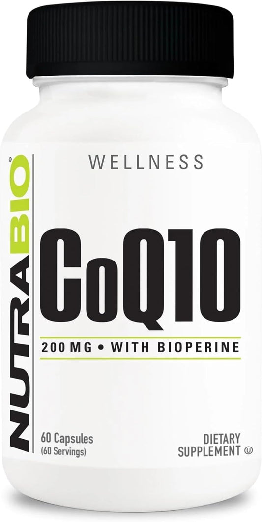 NutraBio CoQ10 Supplement with Bioperine for Heart Health & Energy, 200mg - 60 Capsules