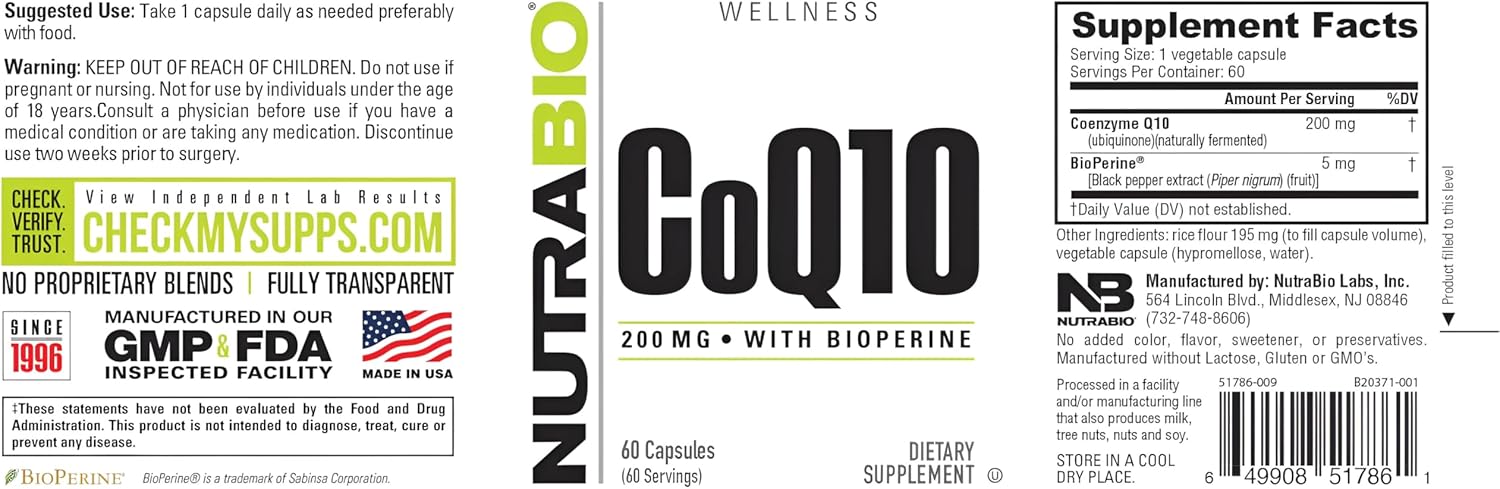 NutraBio CoQ10 Supplement with Bioperine for Heart Health & Energy, 200mg - 60 Capsules
