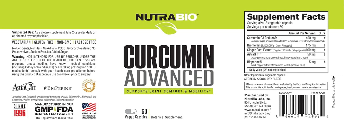 NutraBio Curcumin Complex for Digestion & Joint Health - 60 Capsules