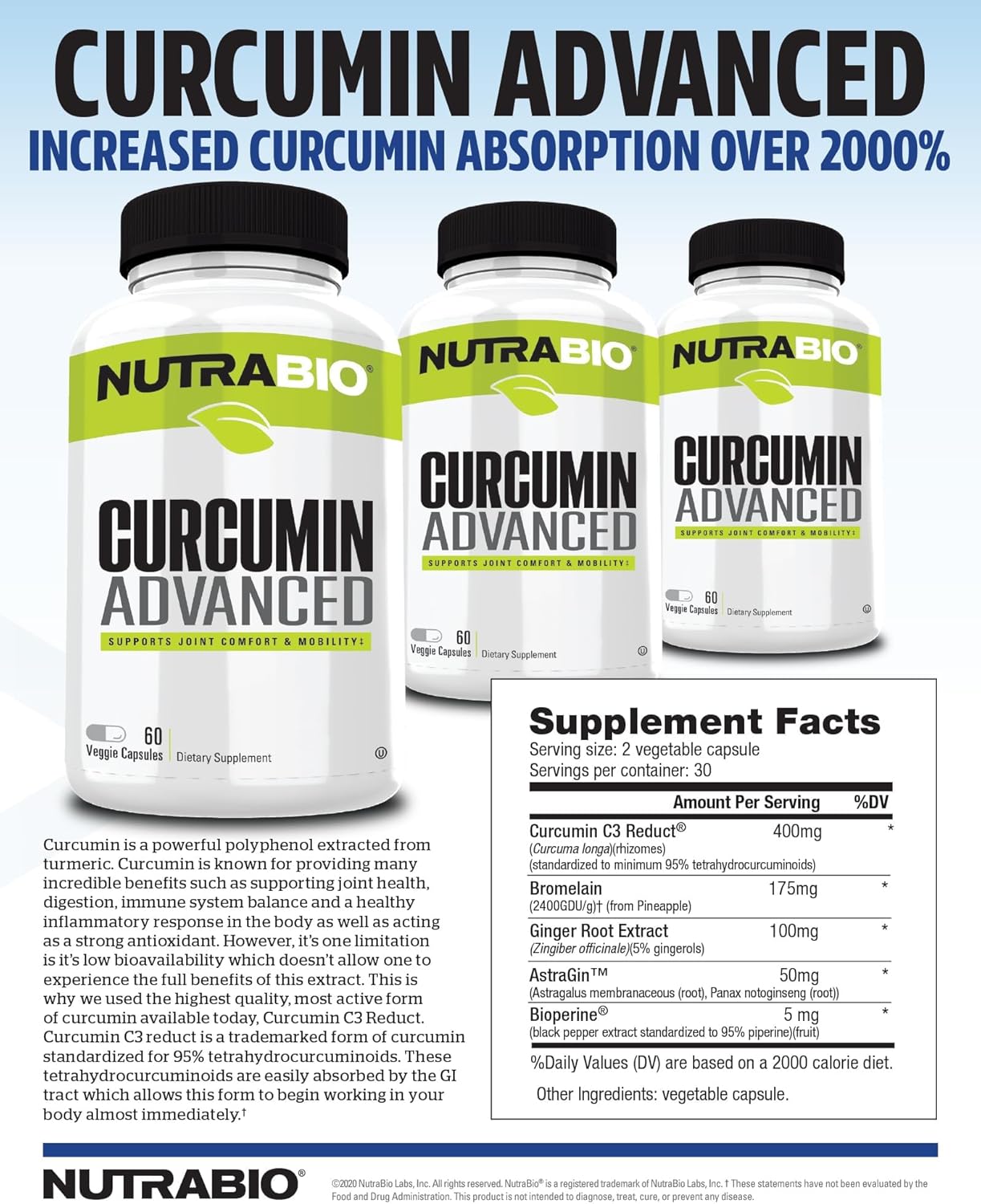 NutraBio Curcumin Complex for Digestion & Joint Health - 60 Capsules