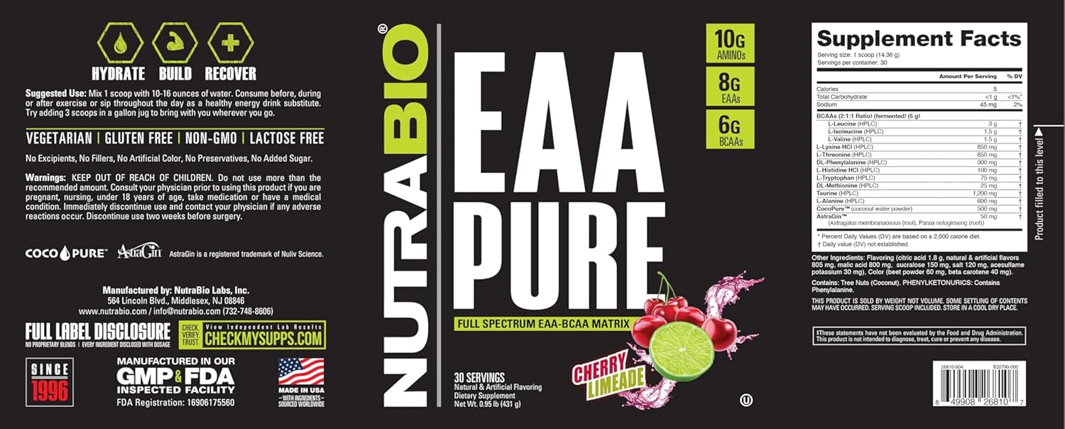 NutraBio EAA Pure: Cherry Limeade Flavor, 30 Servings, 9 Amino Acids for Muscle Repair & Recovery, Pre/Post Workout
