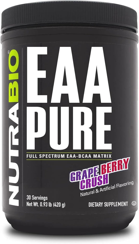 NutraBio EAA Pure: Grape Berry Crush, 30 Servings, 9 Amino Acids for Muscle Repair & Recovery - Pre/Post Workout & All Day Recovery