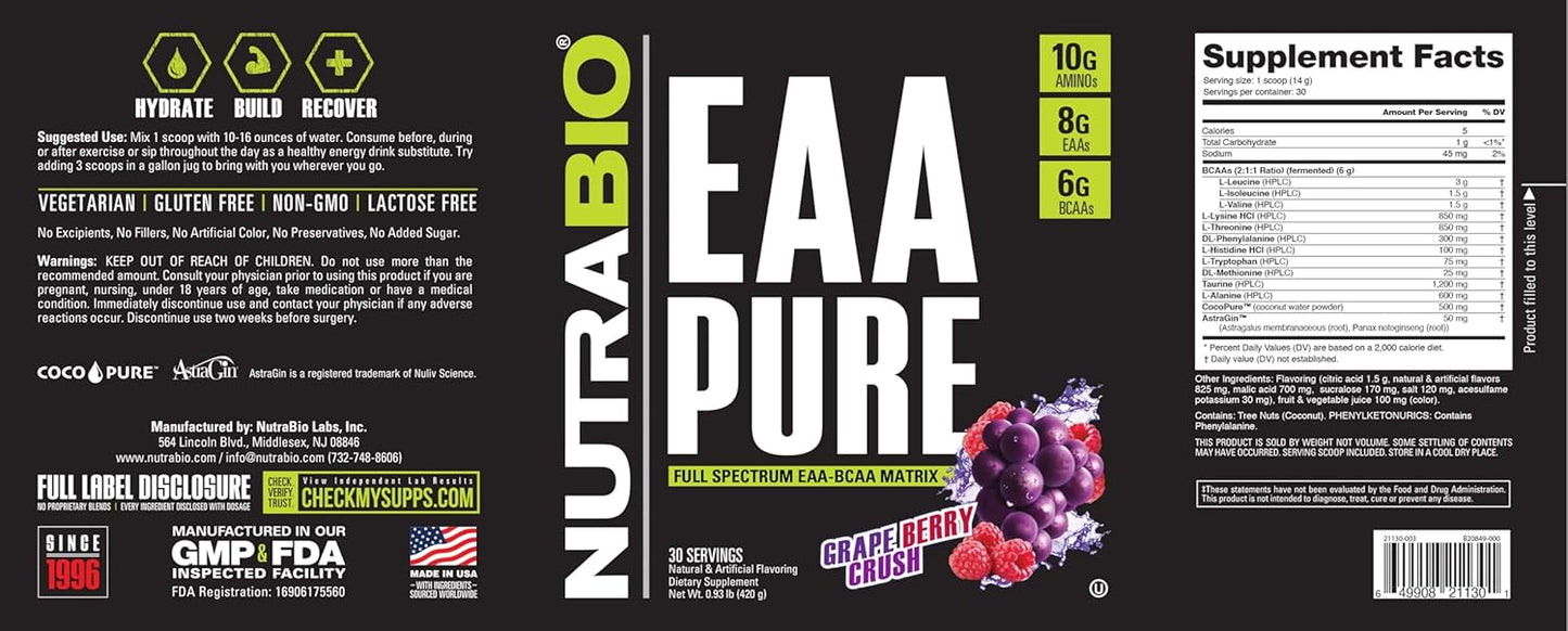 NutraBio EAA Pure: Grape Berry Crush, 30 Servings, 9 Amino Acids for Muscle Repair & Recovery - Pre/Post Workout & All Day Recovery