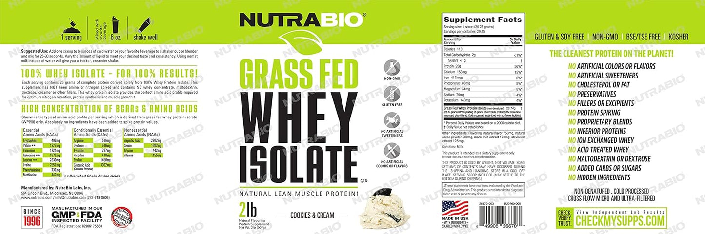 NutraBio Grass Fed Whey Isolate Protein Powder - Cookies & Cream Flavor - 25G Protein Per Scoop - 2lb, 29 Servings - Sugar-Free Lean Muscle Supplement