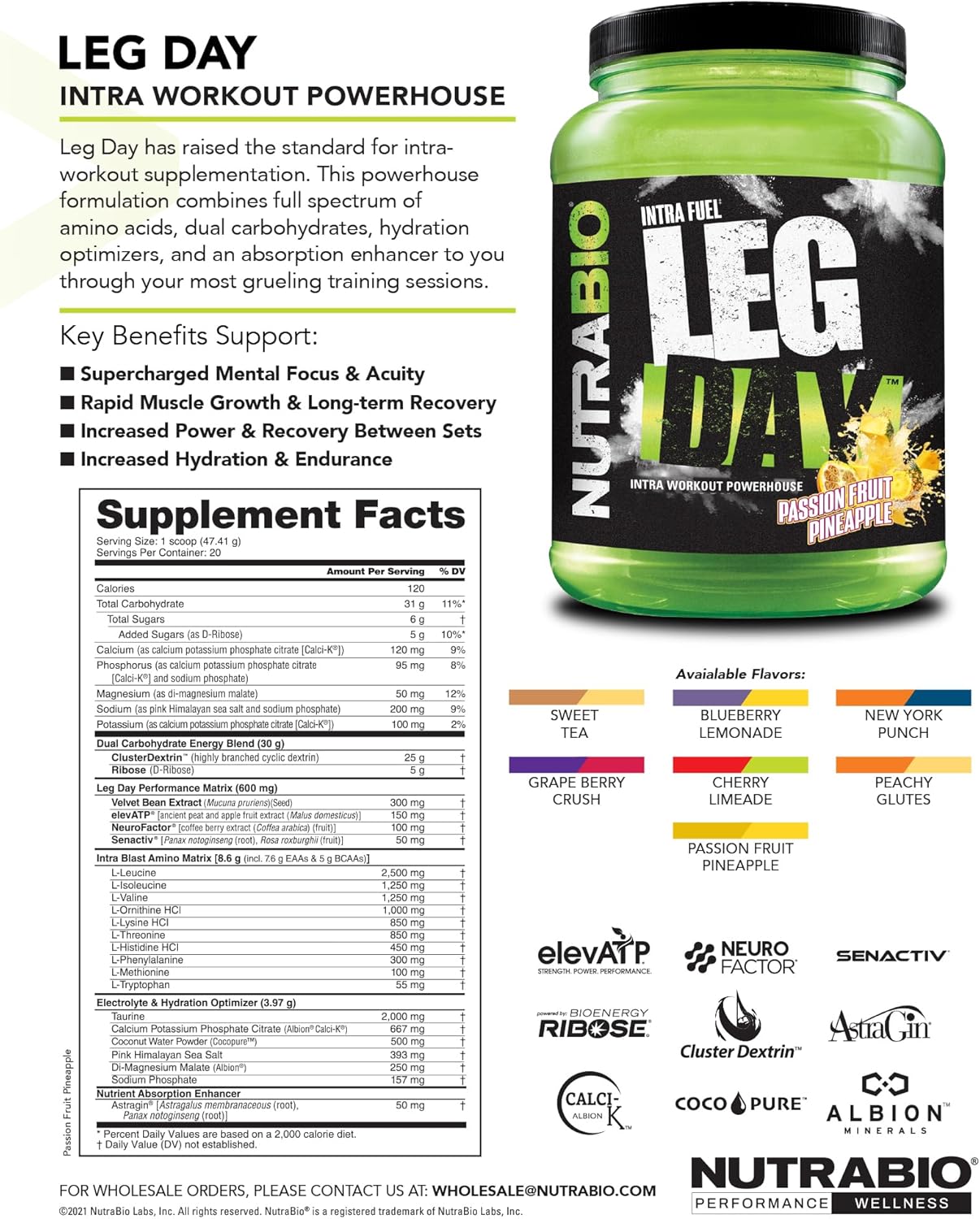 NutraBio Leg Day Intra Carb Supplement with Advanced Carbohydrate Complex and Amino Acid Formula for Recovery and Performance, Passion Fruit Pineapple - 20 Servings