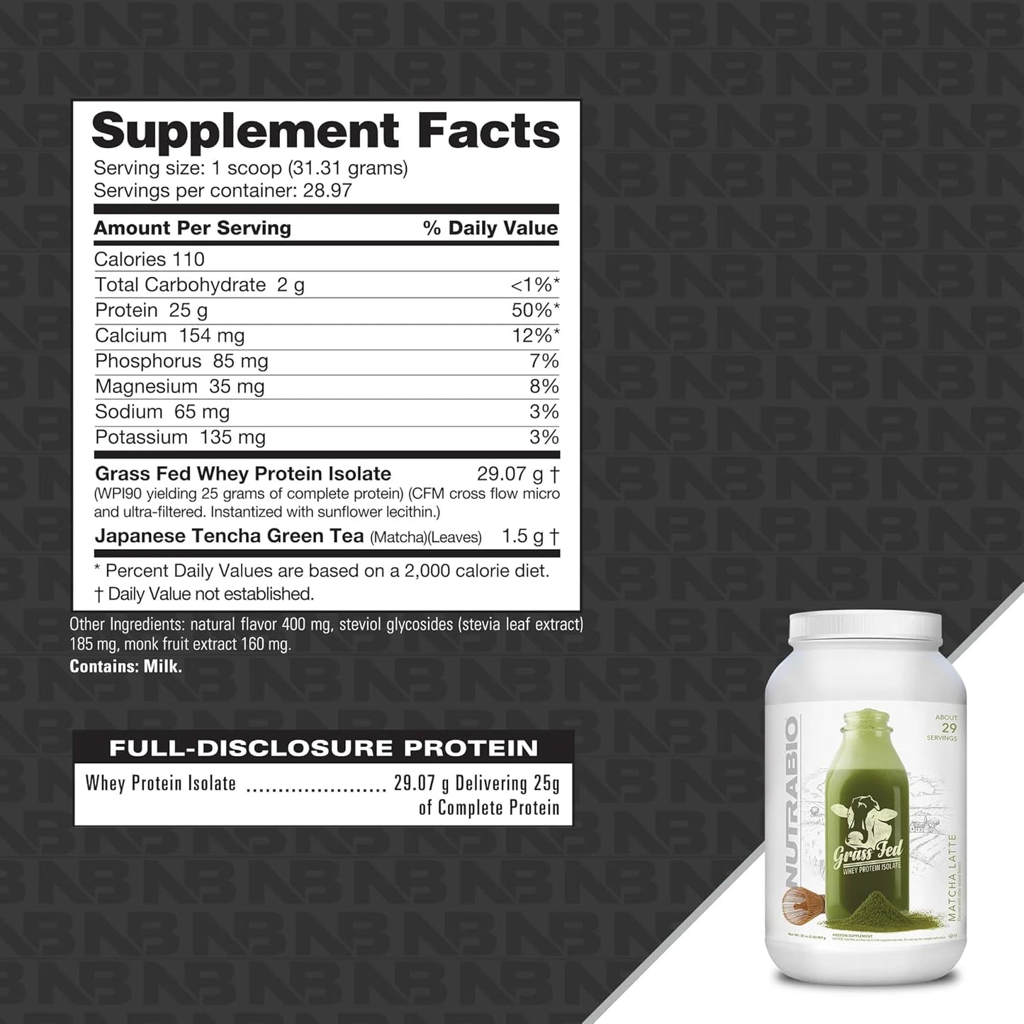 NutraBio Matcha Latte Grass Fed Whey Isolate Protein Powder - 25G Protein Per Serving - 2lb, 29 Servings - Sugar-Free Lean Muscle Supplement