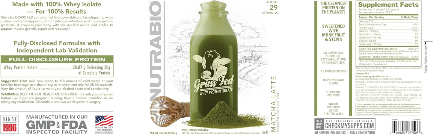 NutraBio Matcha Latte Grass Fed Whey Isolate Protein Powder - 25G Protein Per Serving - 2lb, 29 Servings - Sugar-Free Lean Muscle Supplement