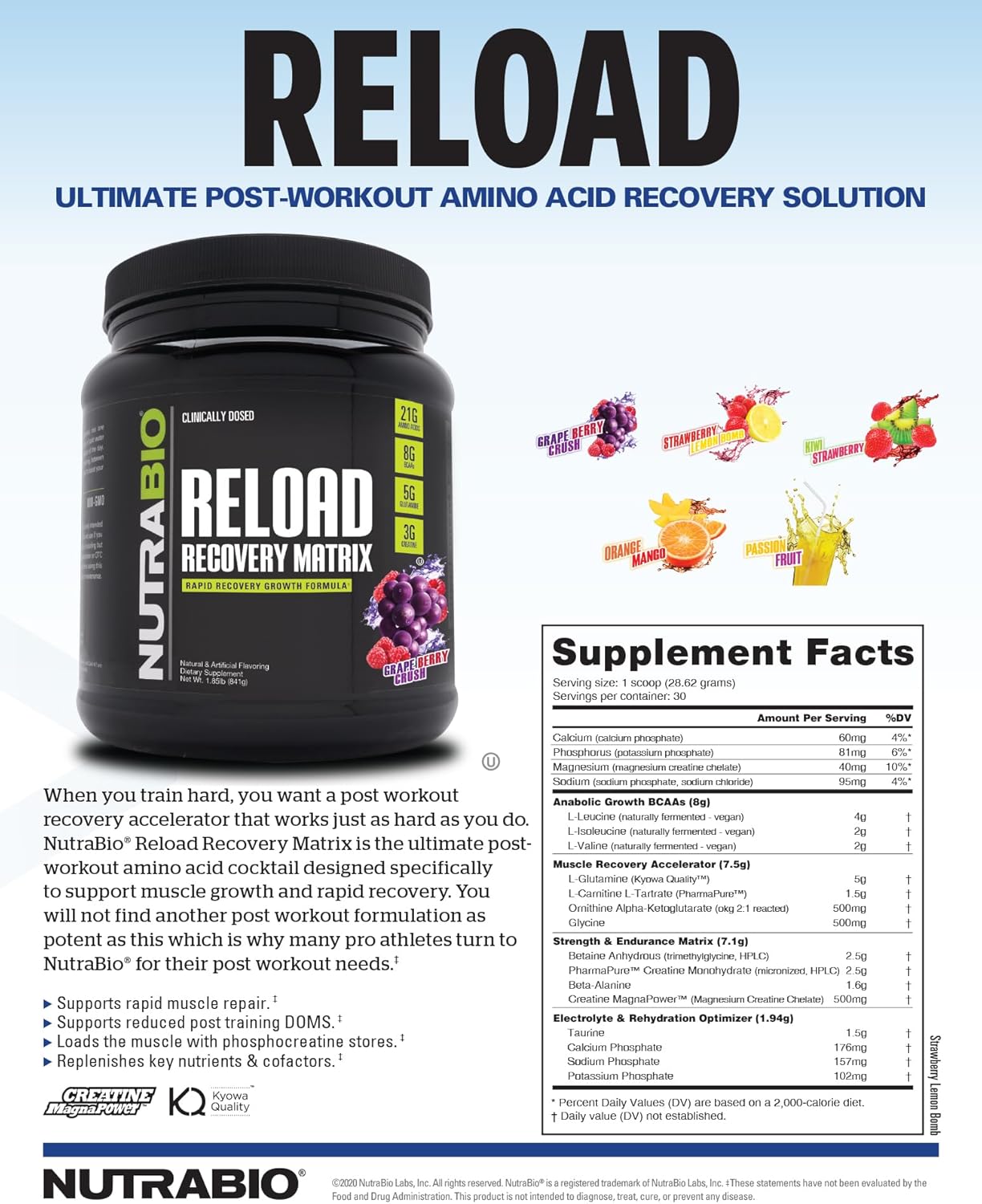 NutraBio Reload Post-Workout Supplement with Powerful Muscular Recovery Formula, 3G Creatine, 8G BCAAs, 5G Glutamine - 30 Servings, Grape Berry Crush