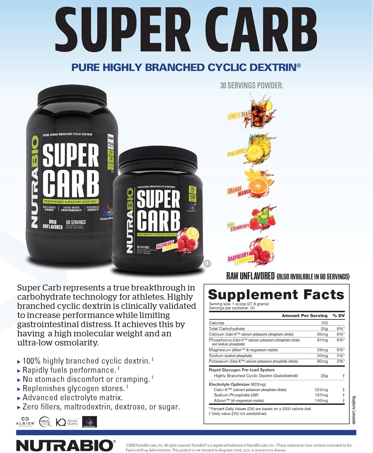 NutraBio Super Carb Supplement Powder with Cluster Dextrin and Electrolytes for Performance and Recovery - Kiwi Strawberry Flavor, 30 Servings