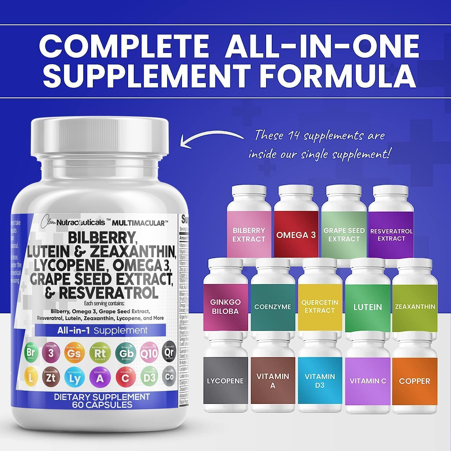 Nutraceuticals Eye Health Vitamins with Bilberry, Lutein, Zeaxanthin, Lycopene, Resveratrol, Grape Seed Extract, Omega 3, Astaxanthin - 60 Capsules