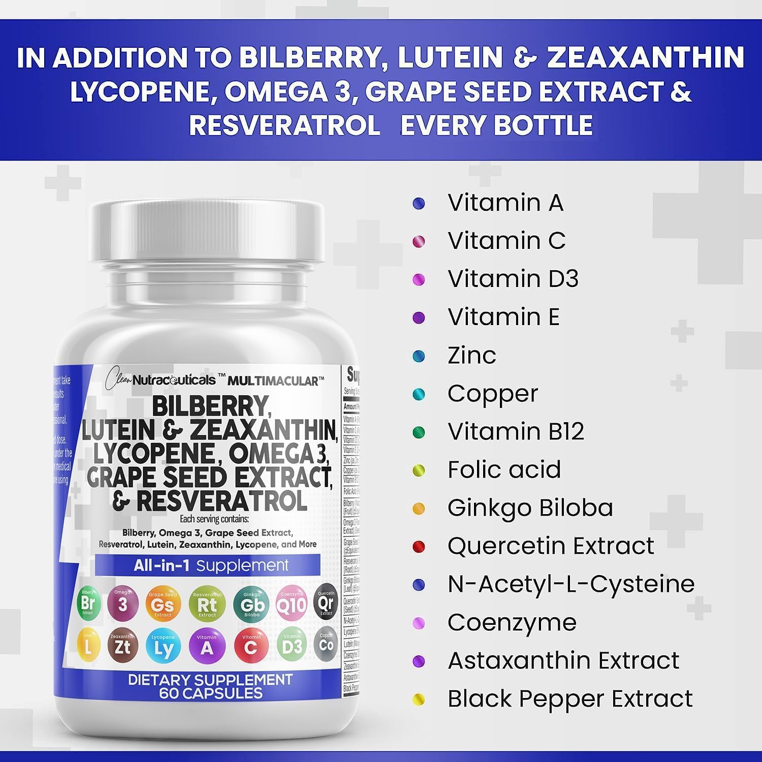 Nutraceuticals Eye Health Vitamins with Bilberry, Lutein, Zeaxanthin, Lycopene, Resveratrol, Grape Seed Extract, Omega 3, Astaxanthin - 60 Capsules