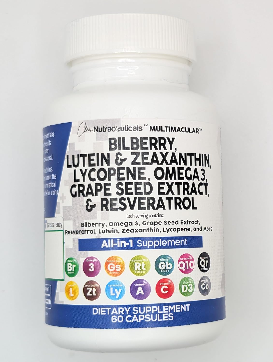 Nutraceuticals Eye Health Vitamins with Bilberry, Lutein, Zeaxanthin, Lycopene, Resveratrol, Grape Seed Extract, Omega 3, Astaxanthin - 60 Capsules