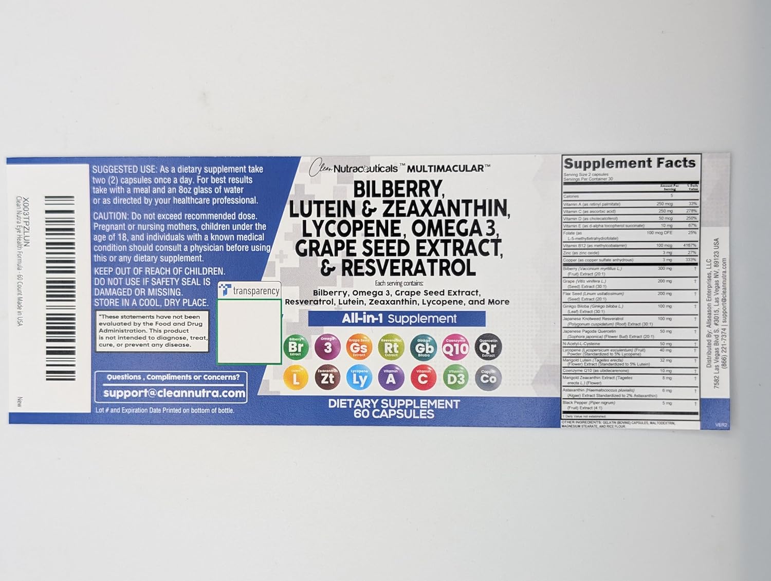 Nutraceuticals Eye Health Vitamins with Bilberry, Lutein, Zeaxanthin, Lycopene, Resveratrol, Grape Seed Extract, Omega 3, Astaxanthin - 60 Capsules