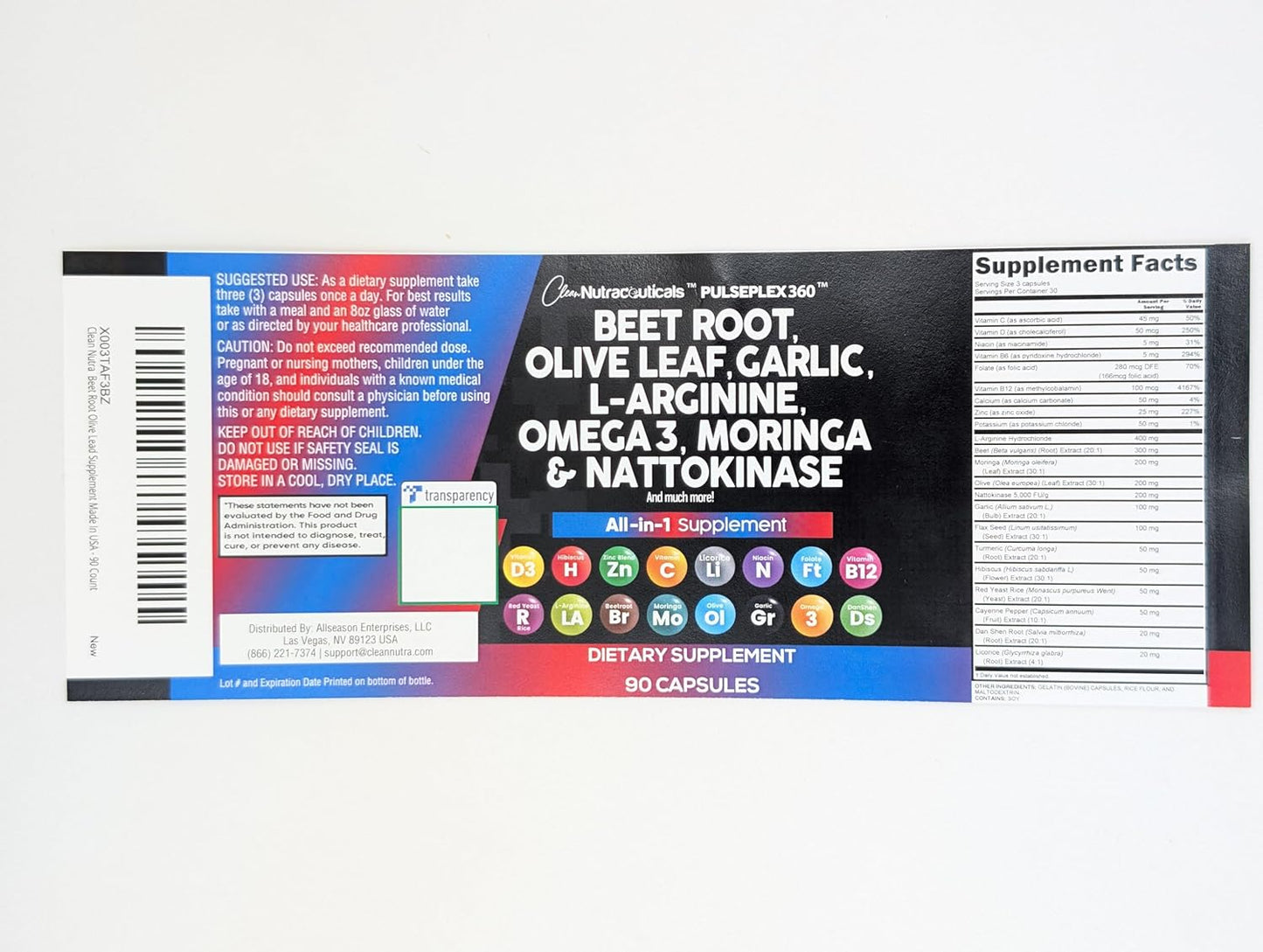Nutraceuticals Healthy Support Supplement Capsules - Beet Root, Olive Leaf, Nattokinase, Garlic, L-Arginine, Omega 3, Red Yeast Rice, Hibiscus, Danshen - 90 Ct