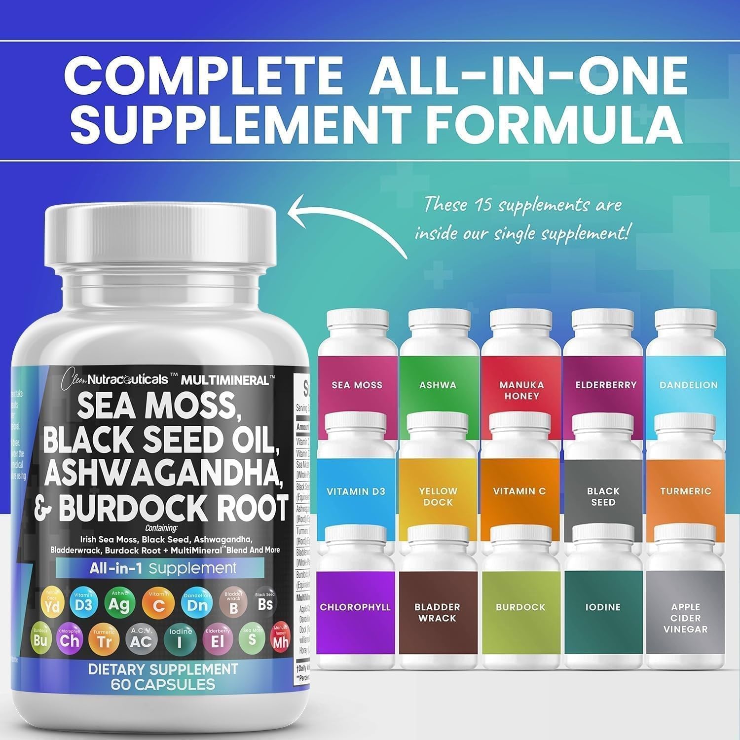 Nutraceuticals Sea Moss Black Seed Oil Ashwagandha Turmeric Bladderwrack Burdock Vitamin C D3 Elderberry Manuka Dandelion Yellow Dock Iodine Chlorophyll ACV - 2 Pack