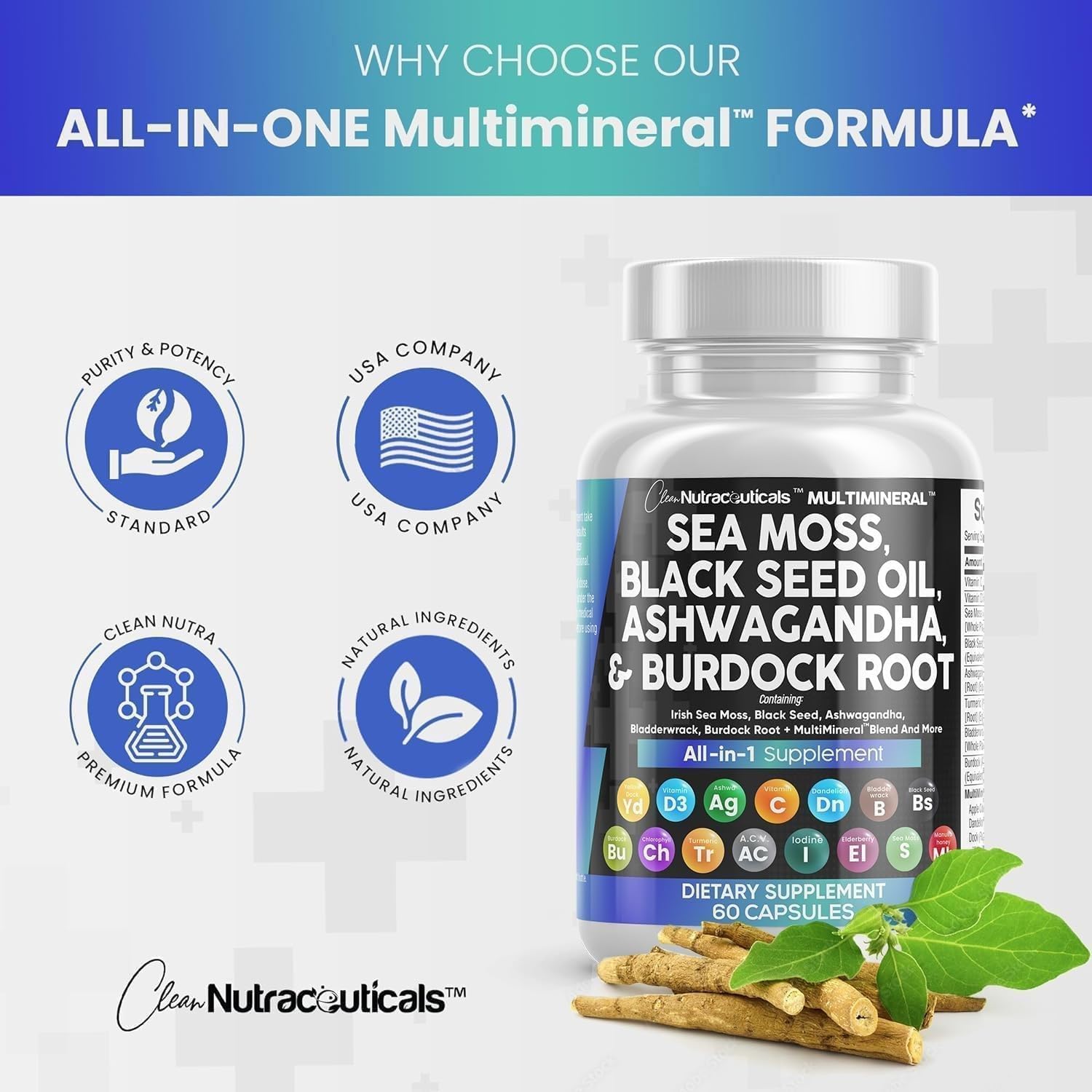 Nutraceuticals Sea Moss Black Seed Oil Ashwagandha Turmeric Bladderwrack Burdock Vitamin C D3 Elderberry Manuka Dandelion Yellow Dock Iodine Chlorophyll ACV - 2 Pack
