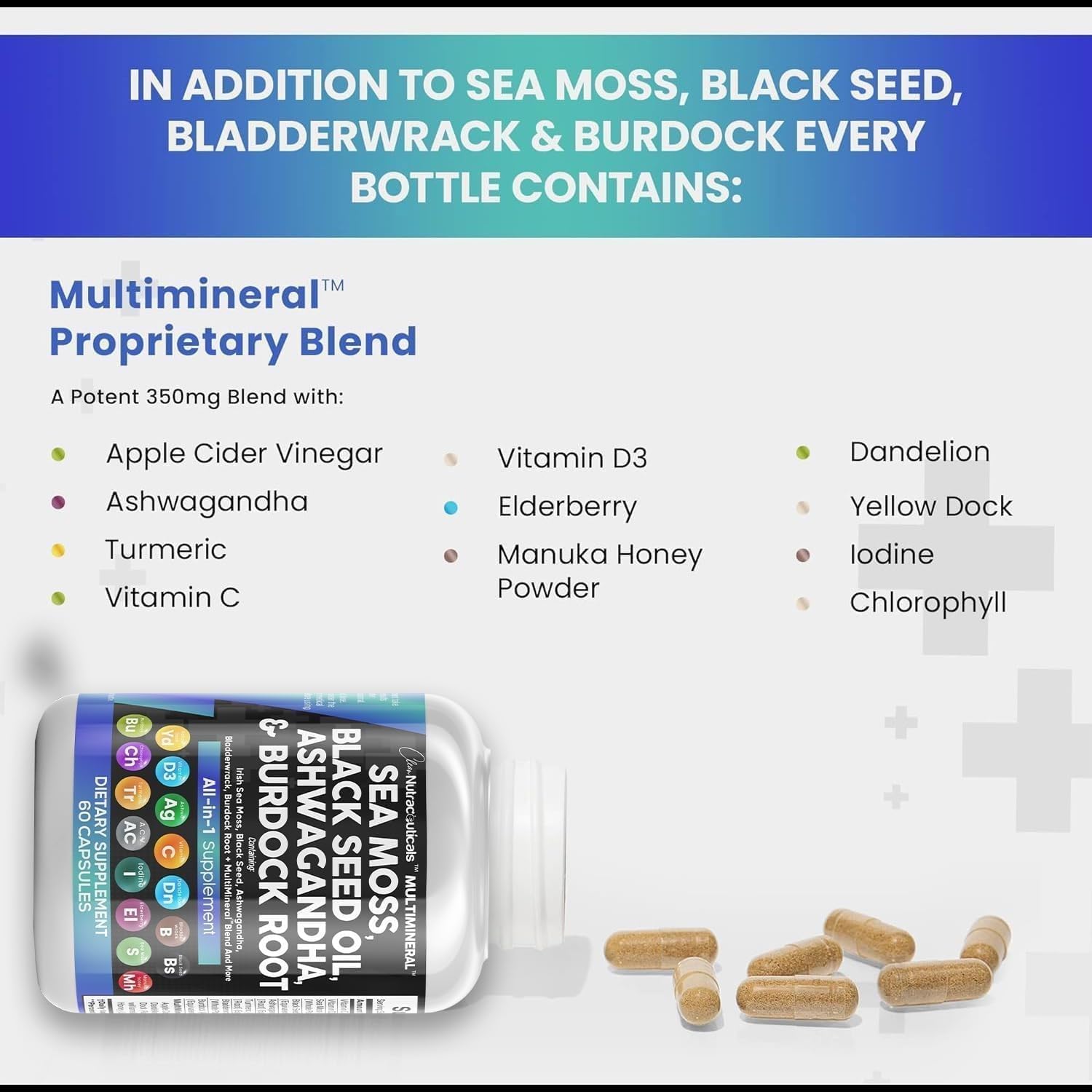 Nutraceuticals Sea Moss Black Seed Oil Ashwagandha Turmeric Bladderwrack Burdock Vitamin C D3 Elderberry Manuka Dandelion Yellow Dock Iodine Chlorophyll ACV - 2 Pack