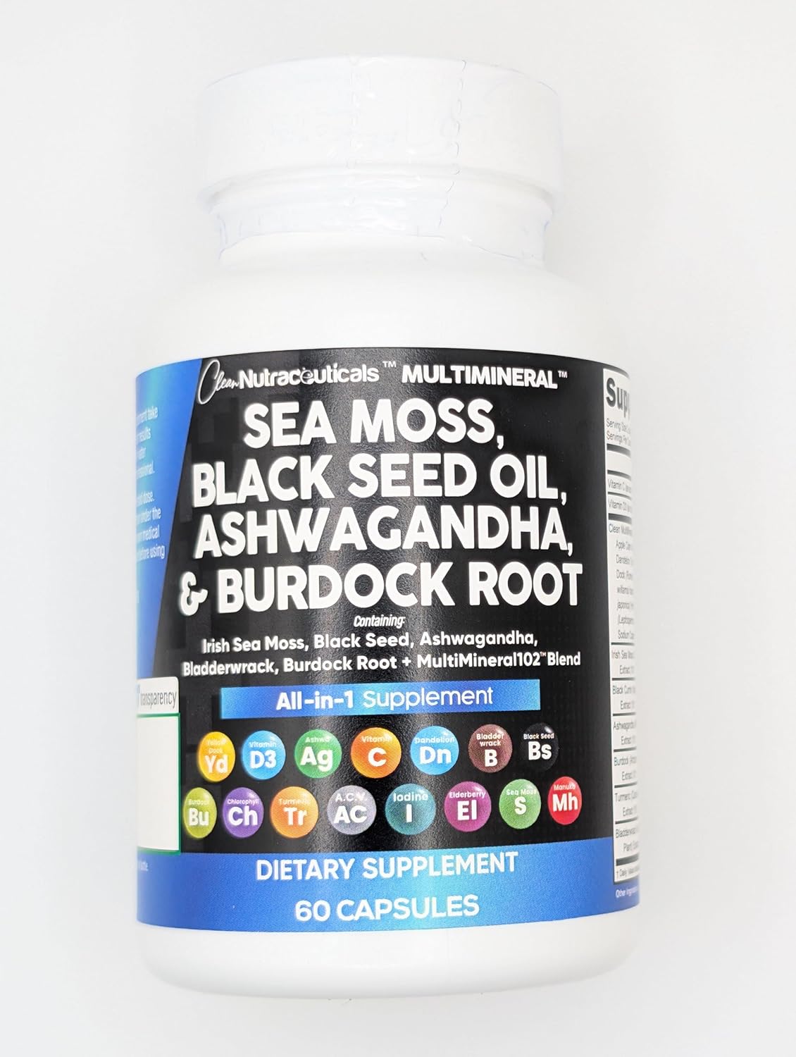 Nutraceuticals Sea Moss Black Seed Oil Ashwagandha Turmeric Bladderwrack Burdock Vitamin C D3 Elderberry Manuka Dandelion Yellow Dock Iodine Chlorophyll ACV - 2 Pack