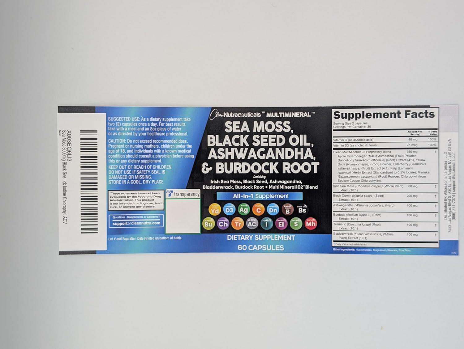 Nutraceuticals Sea Moss Black Seed Oil Ashwagandha Turmeric Bladderwrack Burdock Vitamin C D3 Elderberry Manuka Dandelion Yellow Dock Iodine Chlorophyll ACV - 2 Pack