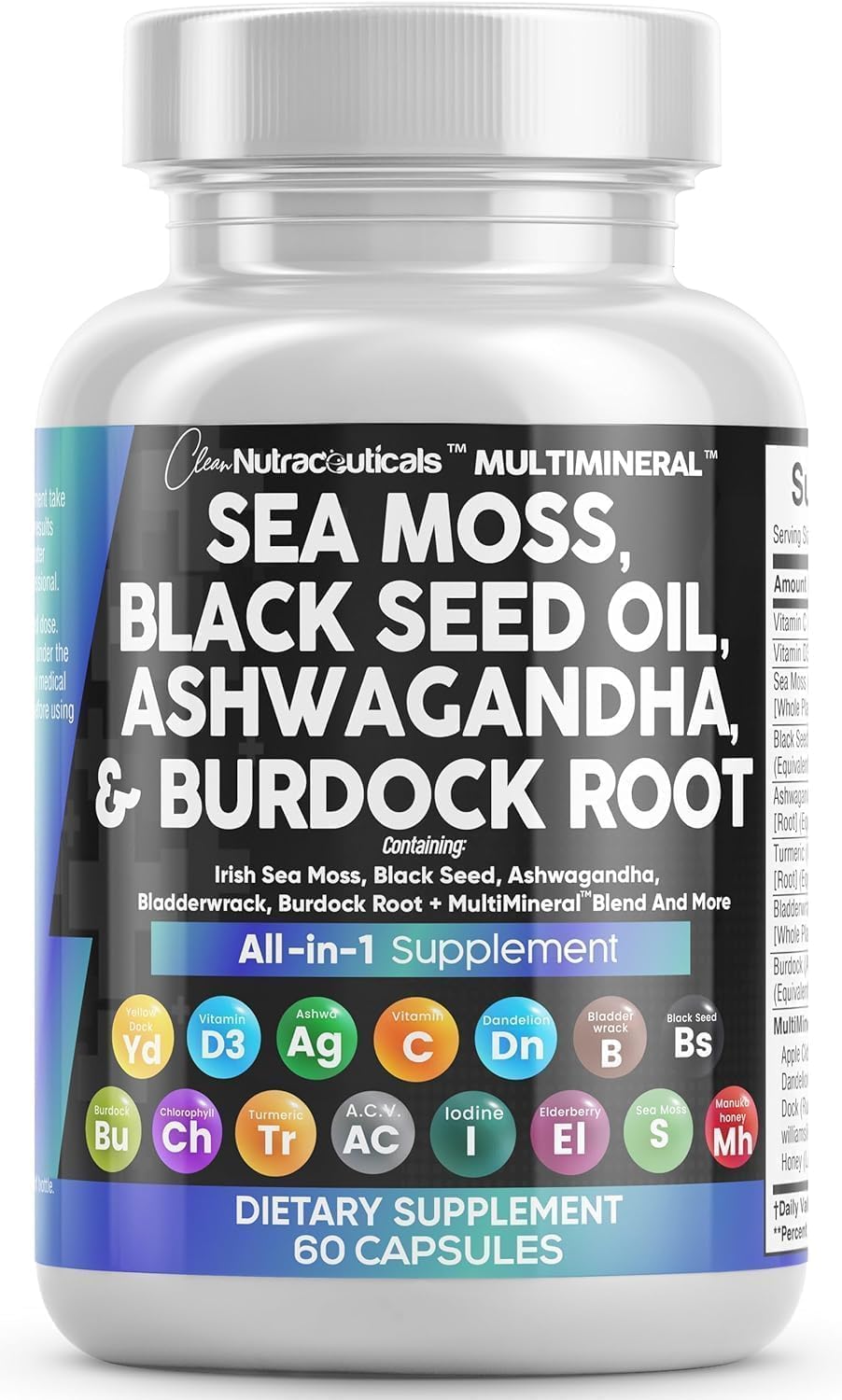 Nutraceuticals Sea Moss Black Seed Oil Ashwagandha Turmeric Bladderwrack Burdock Vitamin C D3 Elderberry Manuka Dandelion Yellow Dock Iodine Chlorophyll ACV - 2 Pack