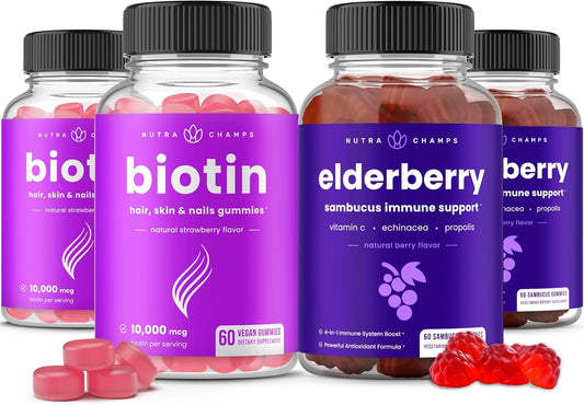 NutraChamps Biotin and Elderberry Gummies 4 Pack Bundle for Immune Support and Hair Health