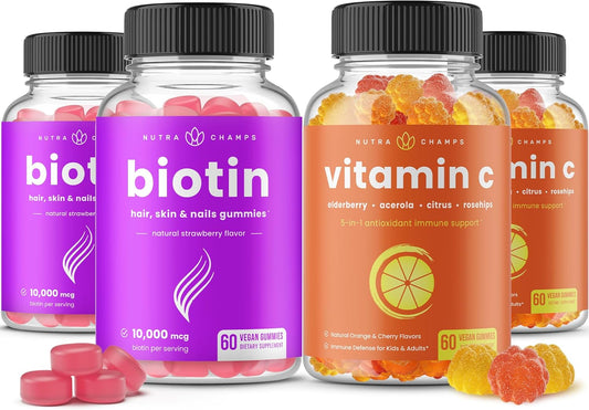 NutraChamps Biotin and Vitamin C Gummies 4 Pack Bundle - Hair, Skin, and Nail Health Support