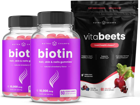NutraChamps Biotin Gummies and Beet Chews Bundle - 2 Pack for Hair, Skin, Nails & Energy Boost