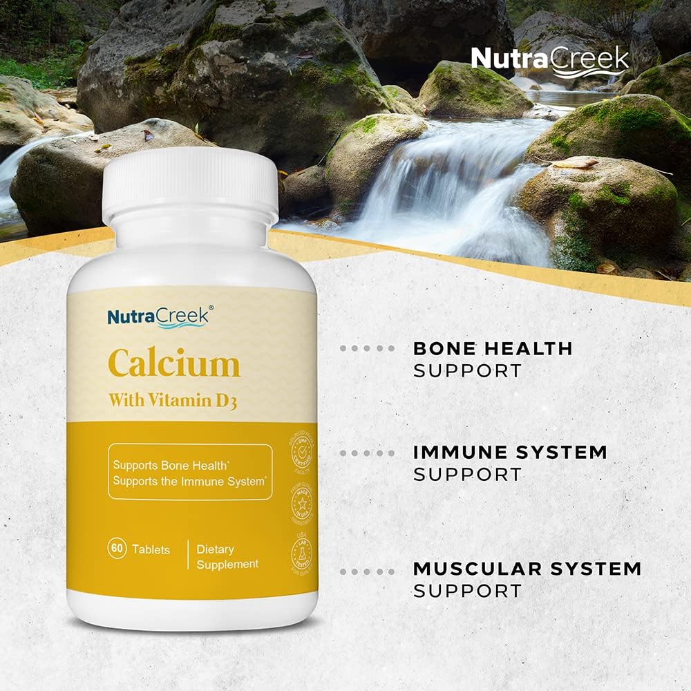 NutraCreek Calcium Supplement with Vitamin D3 - 1200mg Calcium Carbonate & Cholecalciferol for Bone Health and Immune Support - 60 Tablets - BoostGo Australia