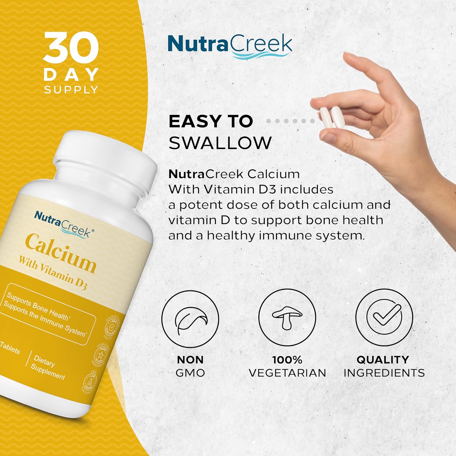 NutraCreek Calcium Supplement with Vitamin D3 - 1200mg Calcium Carbonate & Cholecalciferol for Bone Health and Immune Support - 60 Tablets - BoostGo Australia