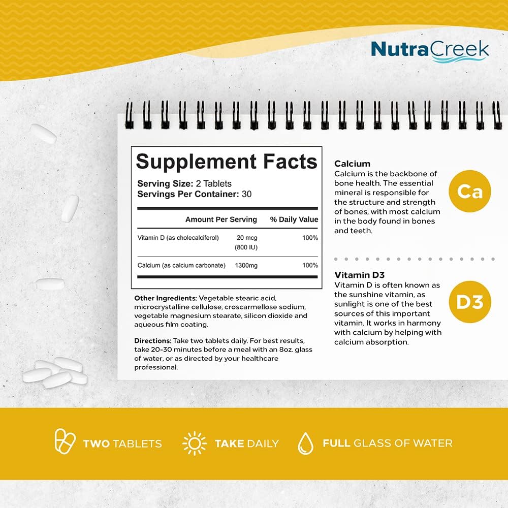 NutraCreek Calcium Supplement with Vitamin D3 - 1200mg Calcium Carbonate & Cholecalciferol for Bone Health and Immune Support - 60 Tablets - BoostGo Australia