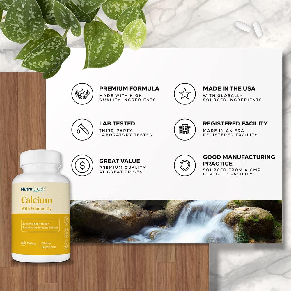 NutraCreek Calcium Supplement with Vitamin D3 - 1200mg Calcium Carbonate & Cholecalciferol for Bone Health and Immune Support - 60 Tablets - BoostGo Australia