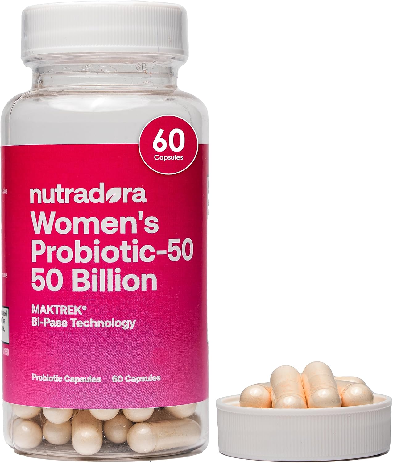 Nutradora Women's Probiotic Capsules - 50 Billion CFU, 16 Strains for Digestive, Feminine, PH Balance, Urinary Tract - 60 Count