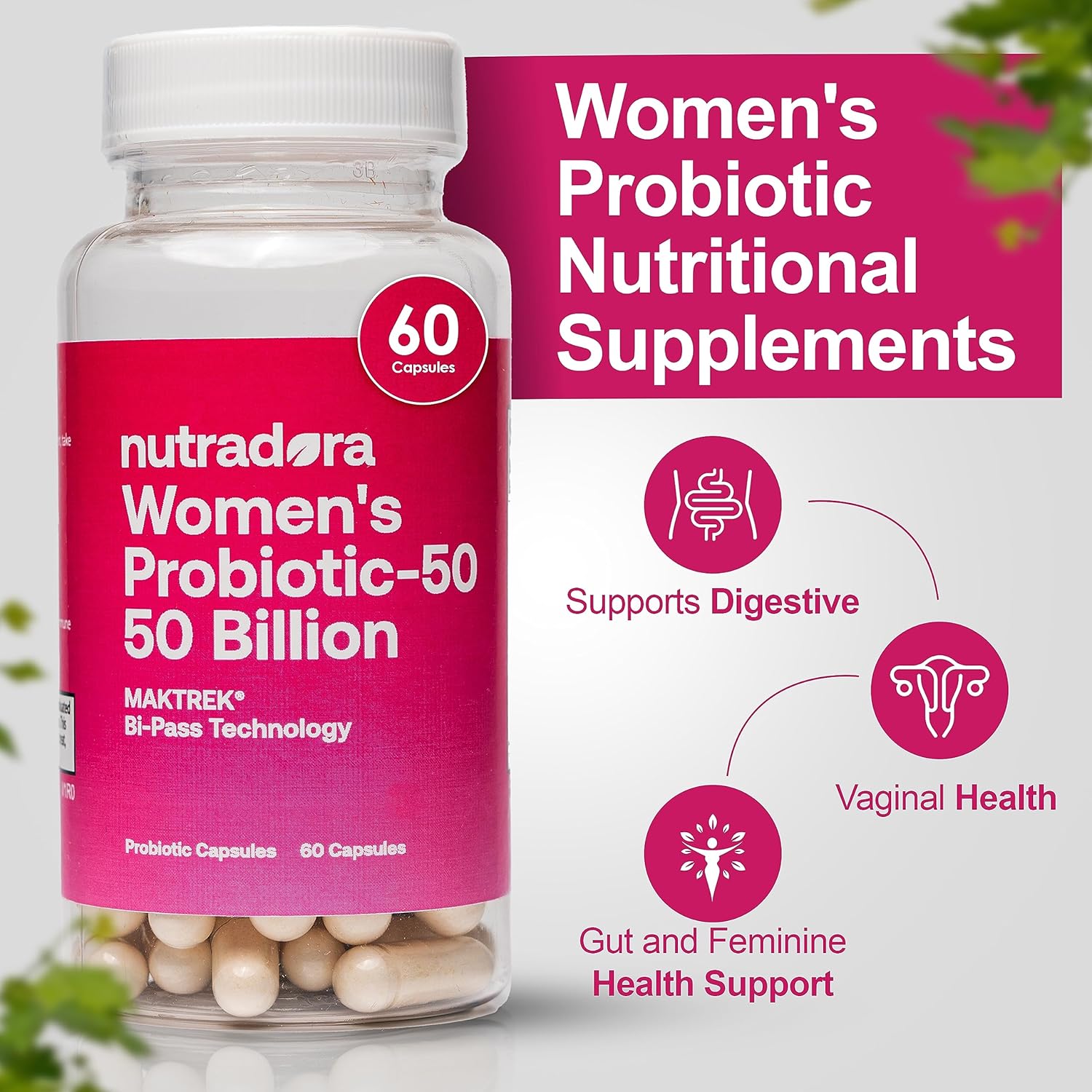 Nutradora Women's Probiotic Capsules - 50 Billion CFU, 16 Strains for Digestive, Feminine, PH Balance, Urinary Tract - 60 Count