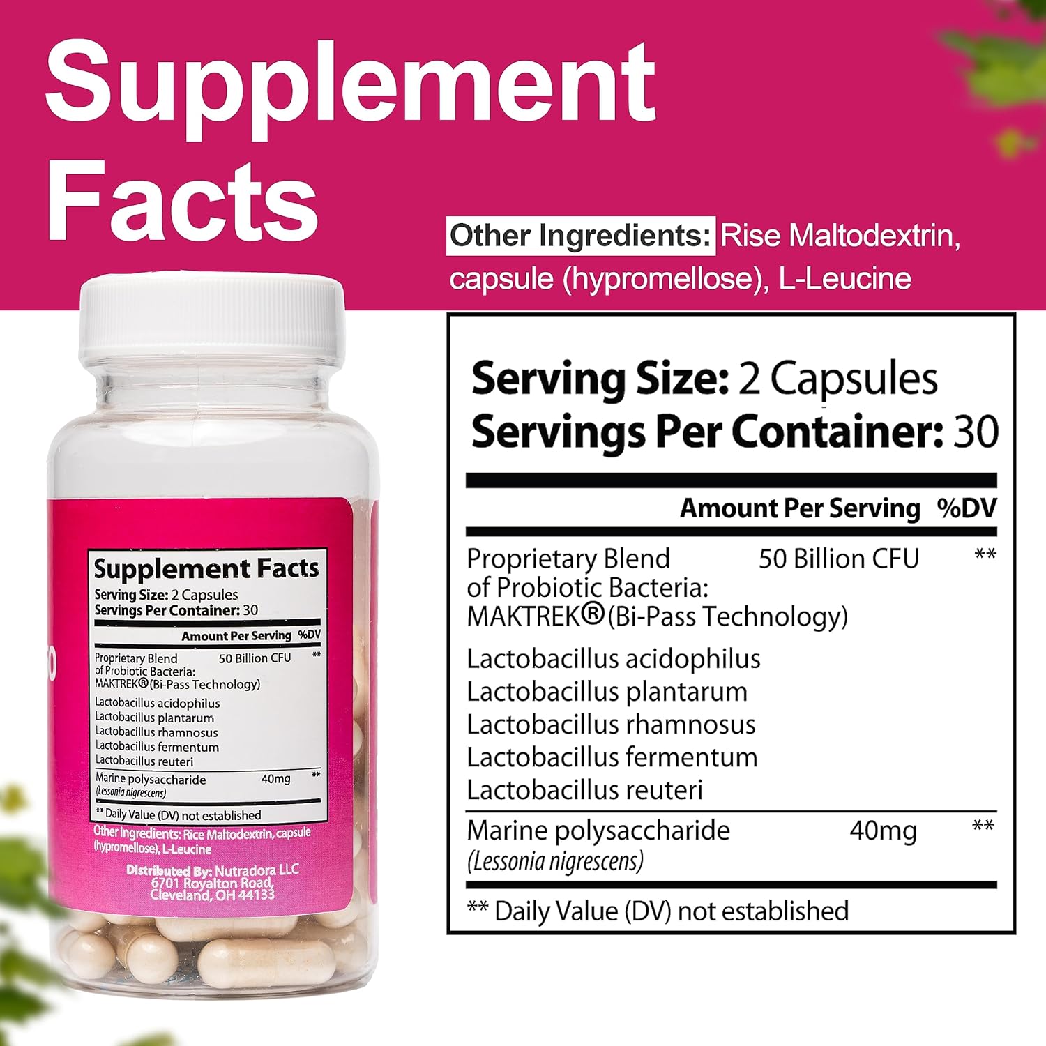 Nutradora Women's Probiotic Capsules - 50 Billion CFU, 16 Strains for Digestive, Feminine, PH Balance, Urinary Tract - 60 Count