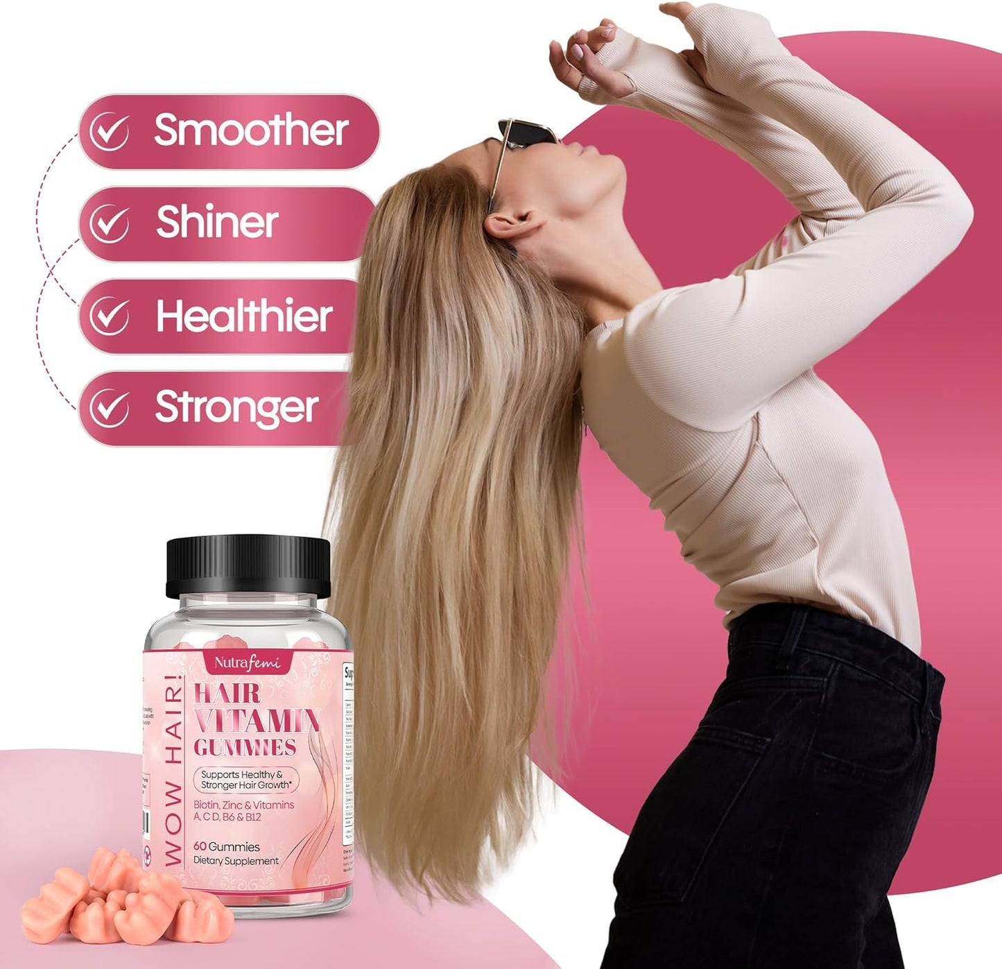 Nutrafemi Biotin Gummies for Women - 60 Gummies with 5000 mcg Biotin for Strong Hair, Healthy Nails, Glowing Skin