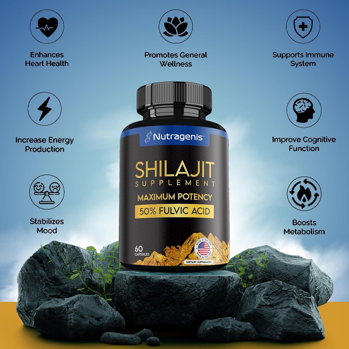 Nutragenis Shilajit Capsules - USA Made with 50% Fulvic Acid, 85+ Trace Minerals for Energy & Immune Support - 60 Count for Men & Women