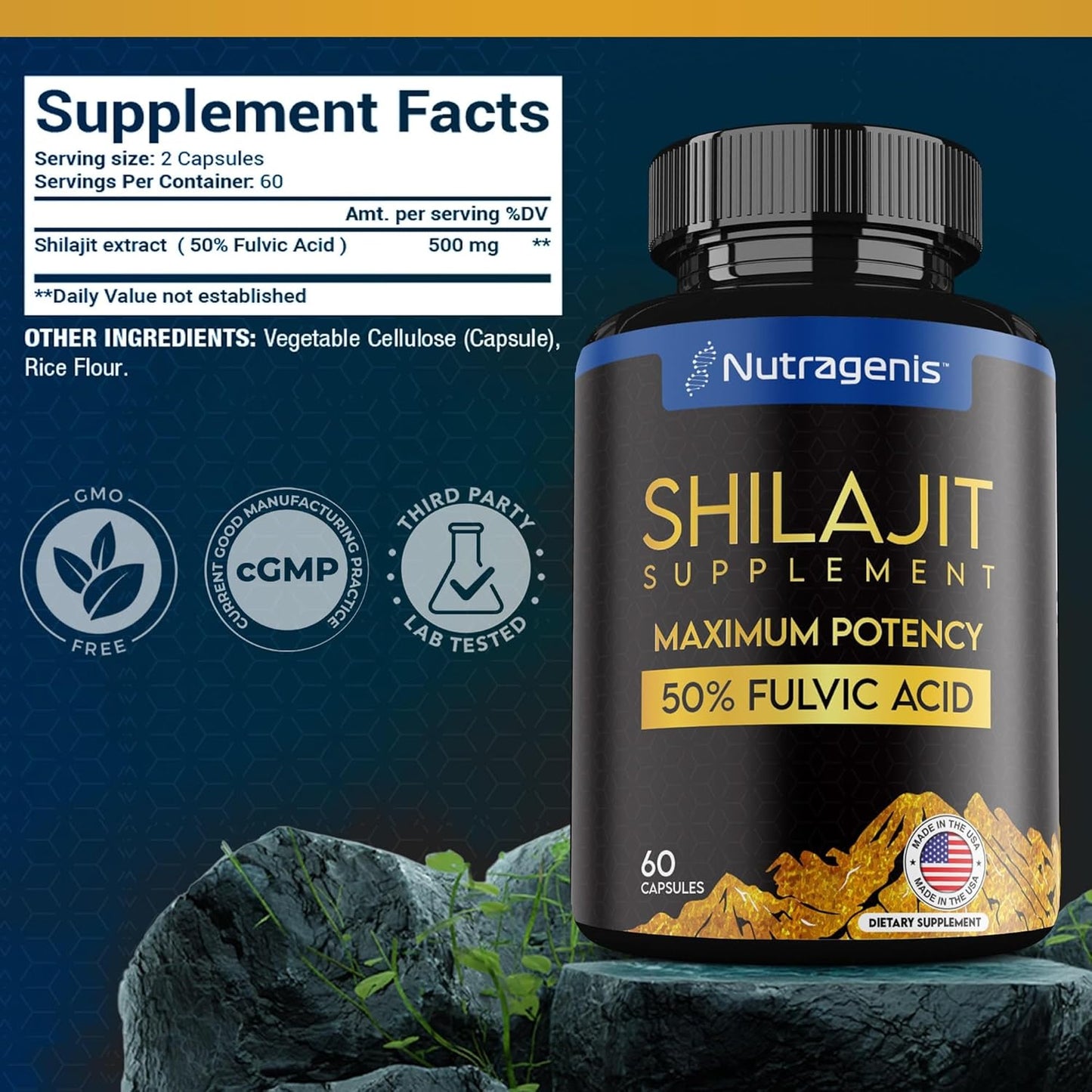 Nutragenis Shilajit Capsules - USA Made with 50% Fulvic Acid, 85+ Trace Minerals for Energy & Immune Support - 60 Count for Men & Women