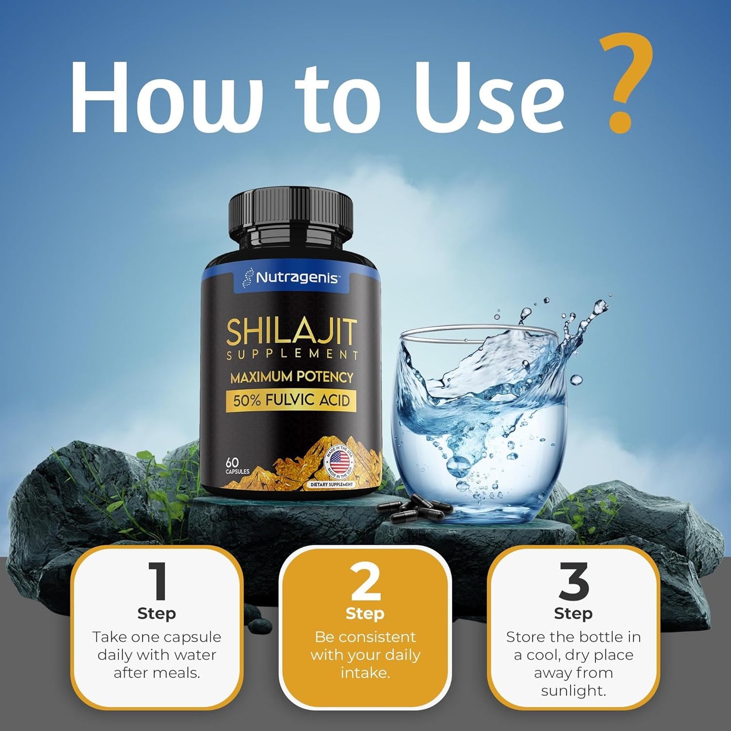 Nutragenis Shilajit Capsules - USA Made with 50% Fulvic Acid, 85+ Trace Minerals for Energy & Immune Support - 60 Count for Men & Women