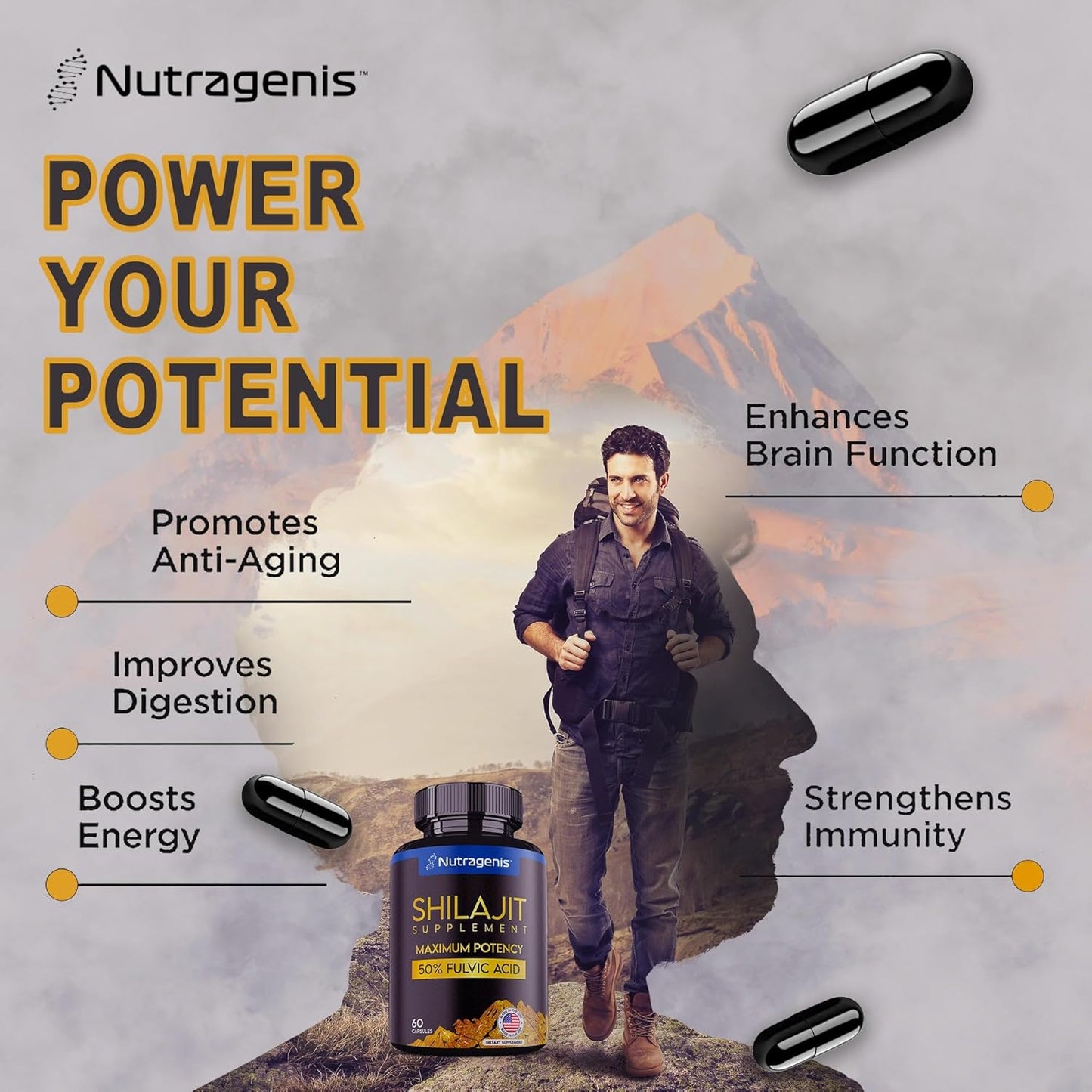 Nutragenis Shilajit Capsules - USA Made with 50% Fulvic Acid, 85+ Trace Minerals for Energy & Immune Support - 60 Count for Men & Women