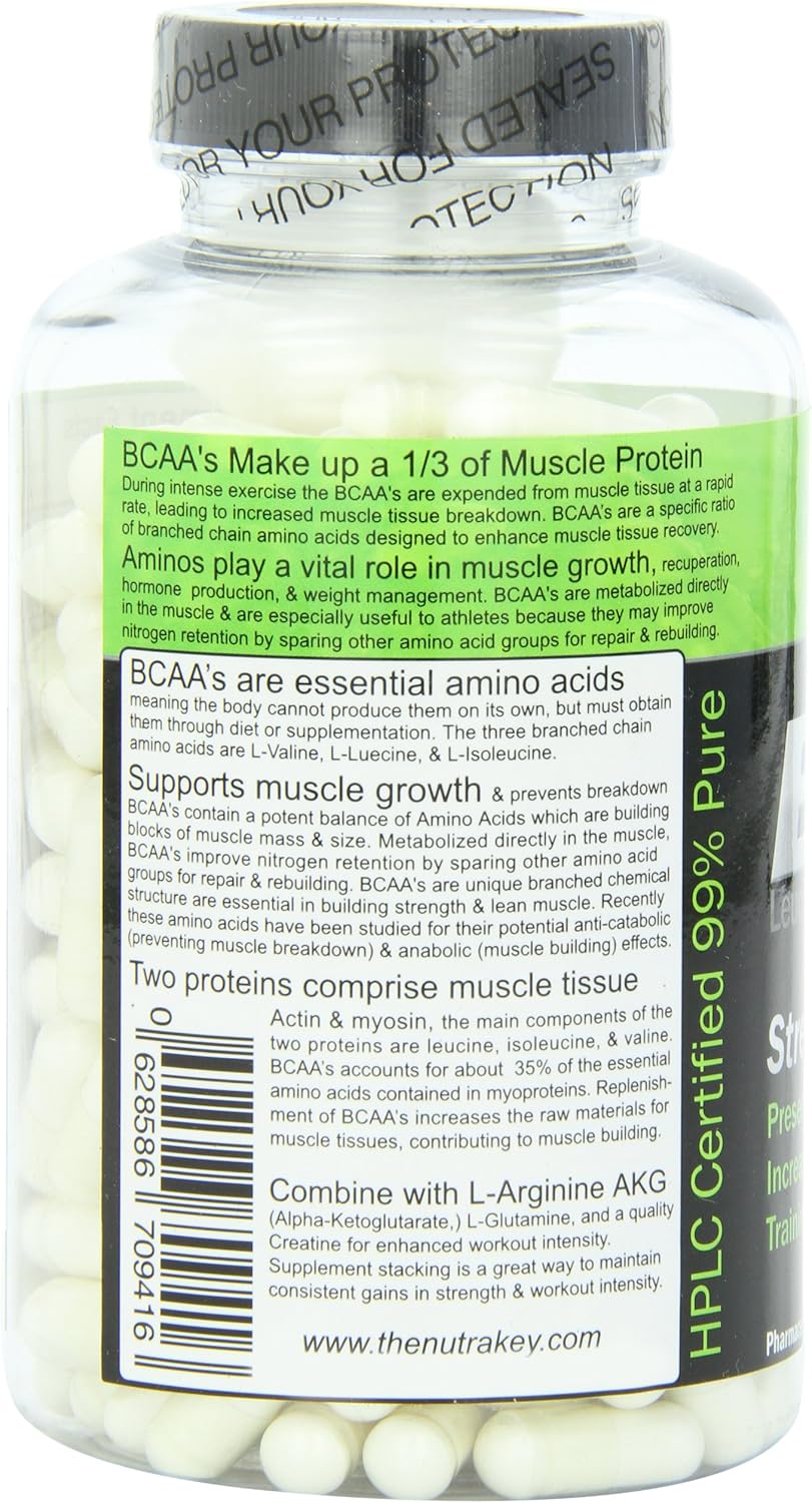 NutraKey BCAA Capsules - 1500mg, 200 Count - Amino Acid Supplement for Muscle Recovery and Endurance