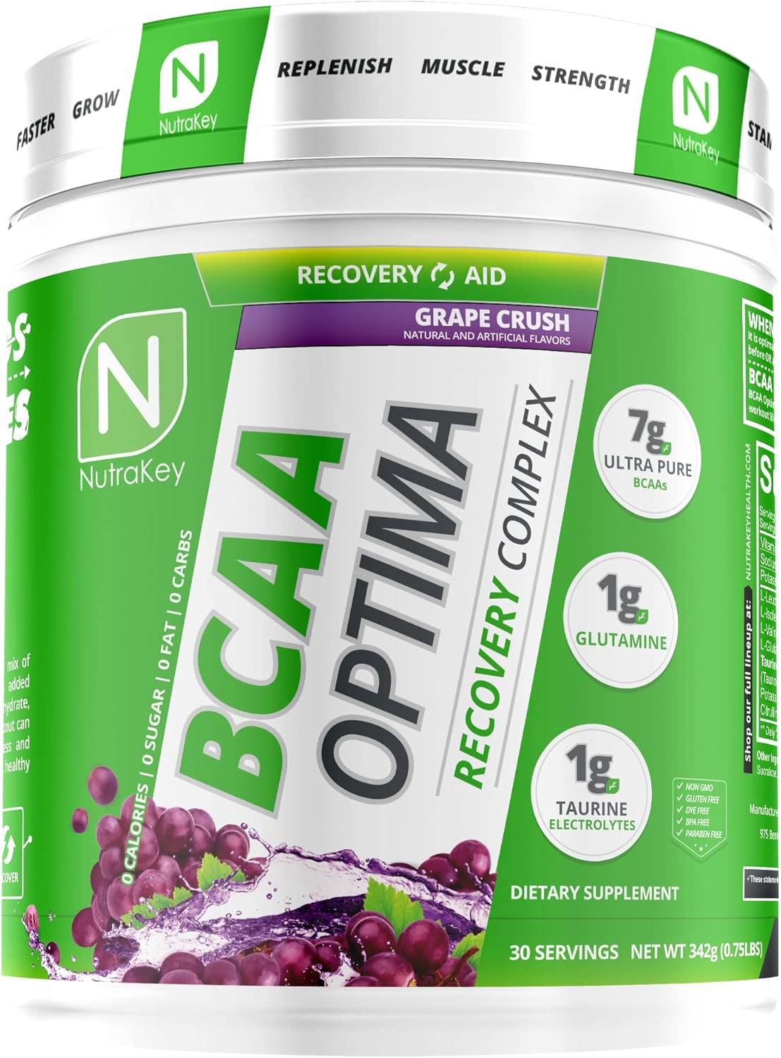 NutraKey BCAA Optima Grape Flavor Recovery Complex - Sugar and Carb-Free Workout Aid