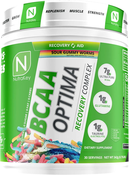 NutraKey BCAA Optima Post Workout Recovery Complex - Sour Gummy Worms, No Sugar or Carbs - Recovery Aid Supplement