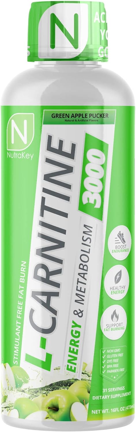 NutraKey L-Carnitine 3000mg Green Apple Flavor - Sugar & Gluten Free Energy Booster Supplement for 31 Servings