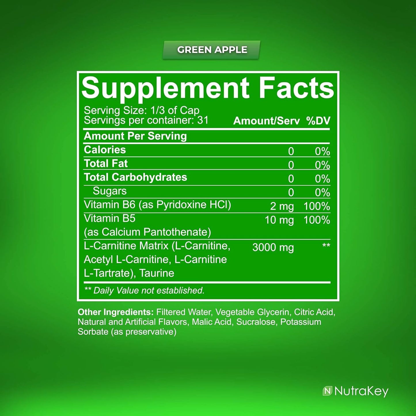 NutraKey L-Carnitine 3000mg Green Apple Flavor - Sugar & Gluten Free Energy Booster Supplement for 31 Servings