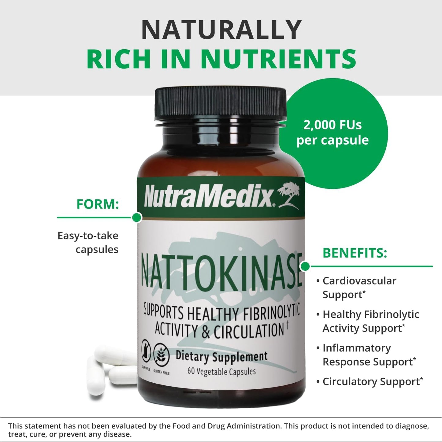NutraMedix Nattokinase 2000 FU Supplement for Heart Health & Circulation - Gluten & Dairy-Free - 60 Capsules